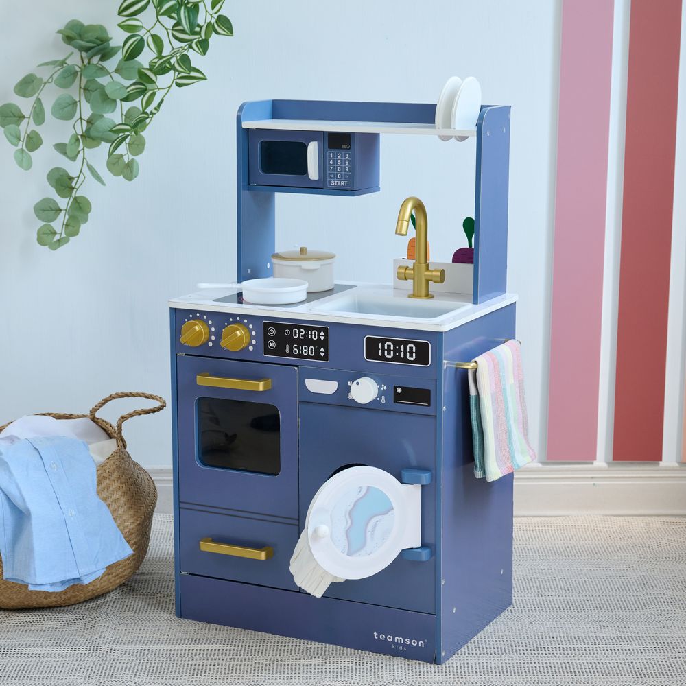 Teamson Kids - Little Chef Lake Tahoe Wooden Play Kitchen Washer & Mini Garden - Blue - Preschool