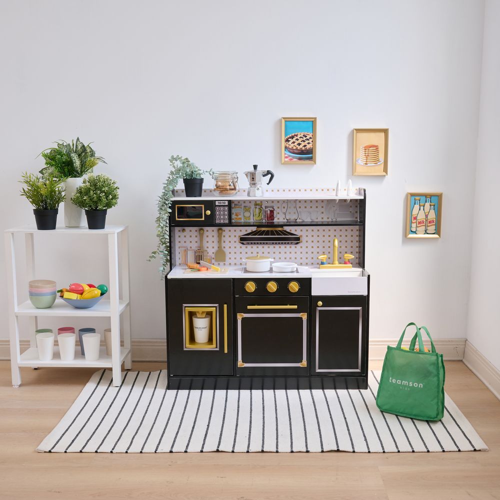 Teamson Kids - Little Chef St. Louis Wooden Play Kitchen with Sink & Ice Dispenser - Black - Preschool