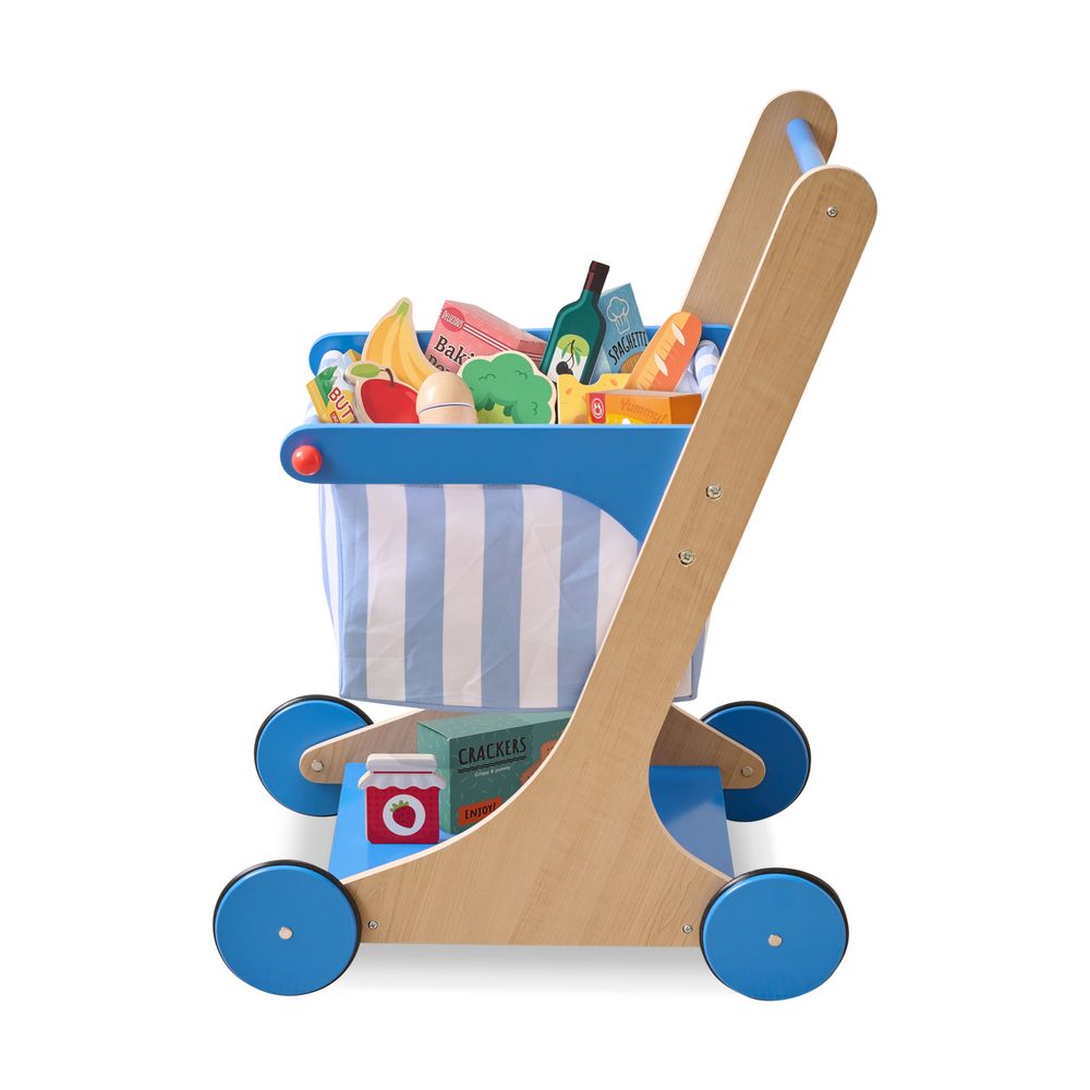 Teamson Kids - Little Helper Mr. Fresh Wooden Shopping Cart with 13 Grocery Accessories - Blue - Preschool