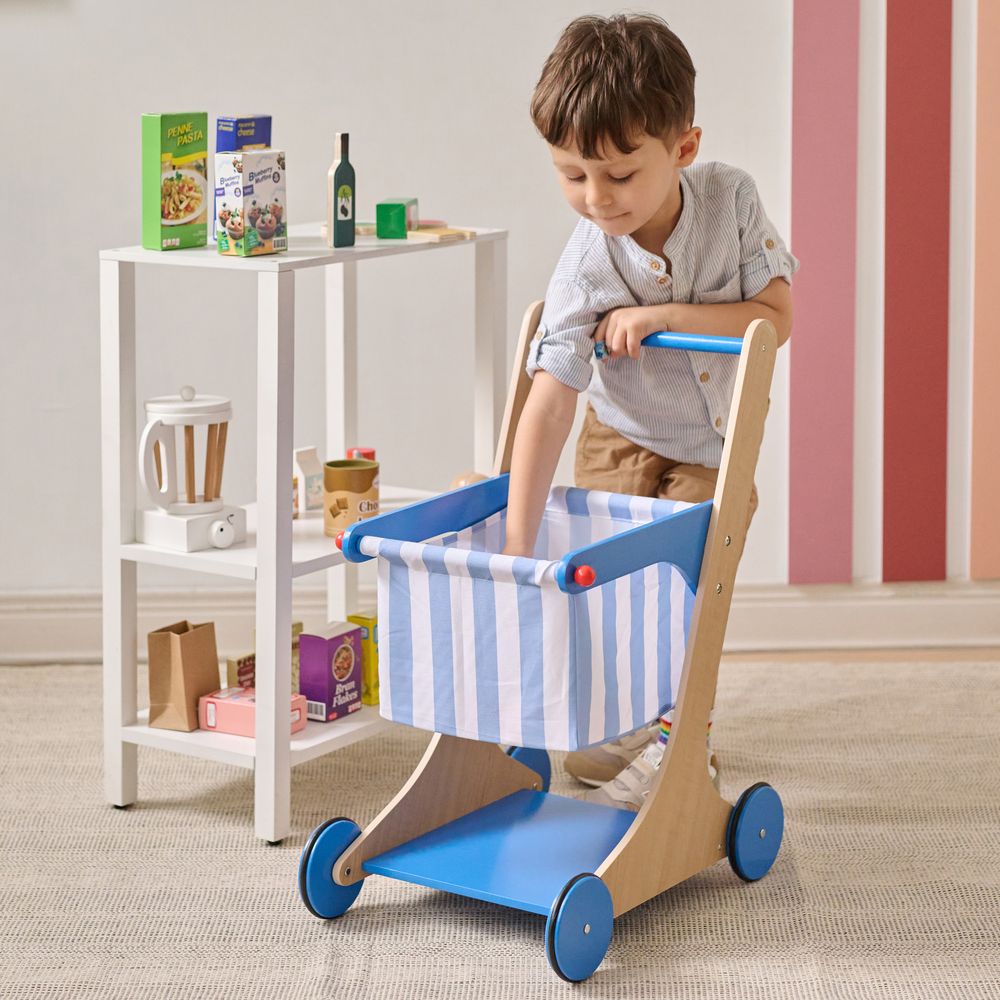 Teamson Kids - Little Helper Mr. Fresh Wooden Shopping Cart with 13 Grocery Accessories - Blue - Preschool