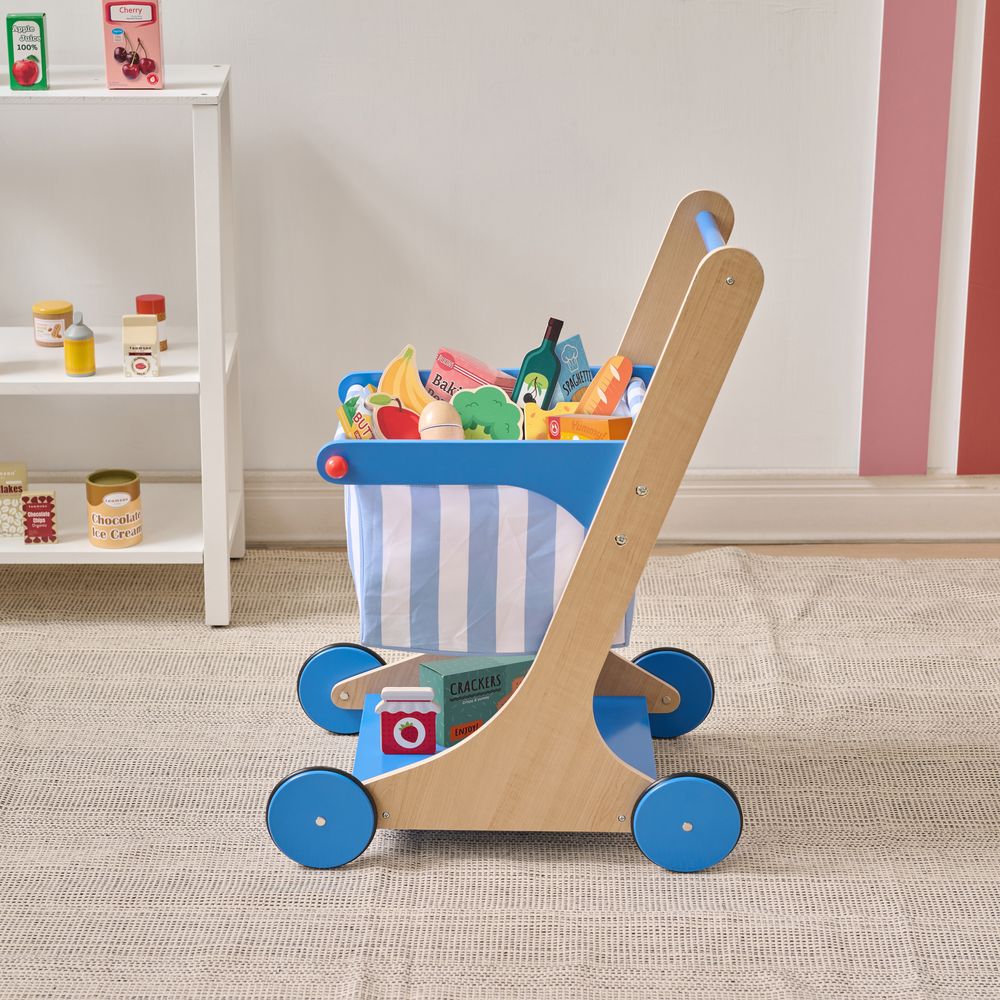 Teamson Kids - Little Helper Mr. Fresh Wooden Shopping Cart with 13 Grocery Accessories - Blue - Preschool