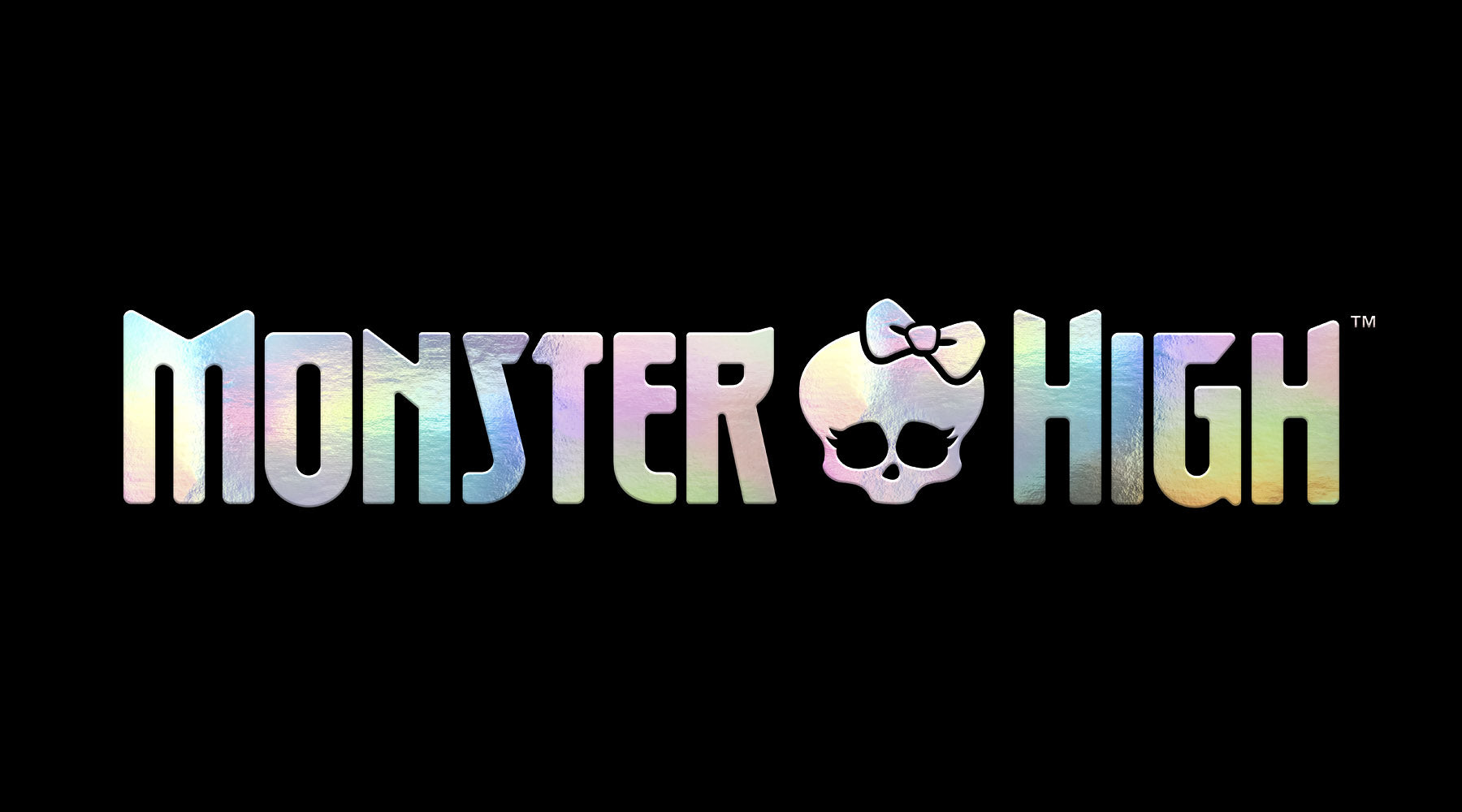 Monster High logo with colorful text and skull with bow on a black background
