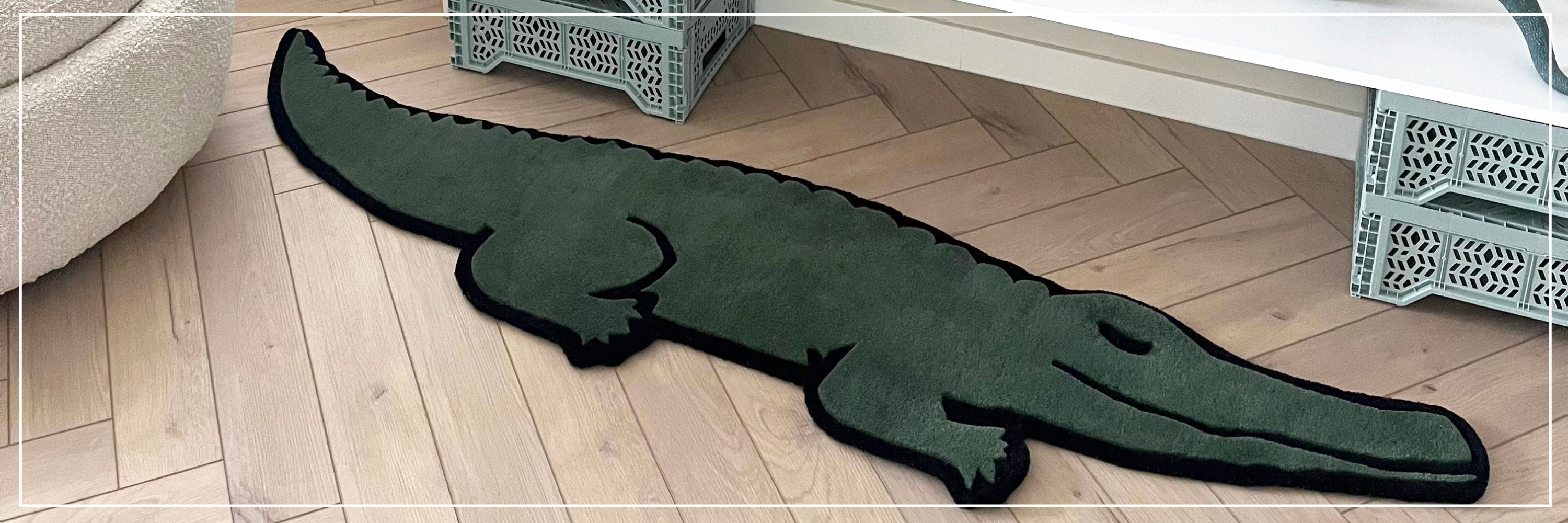 Alligator-shaped rug on a wooden floor