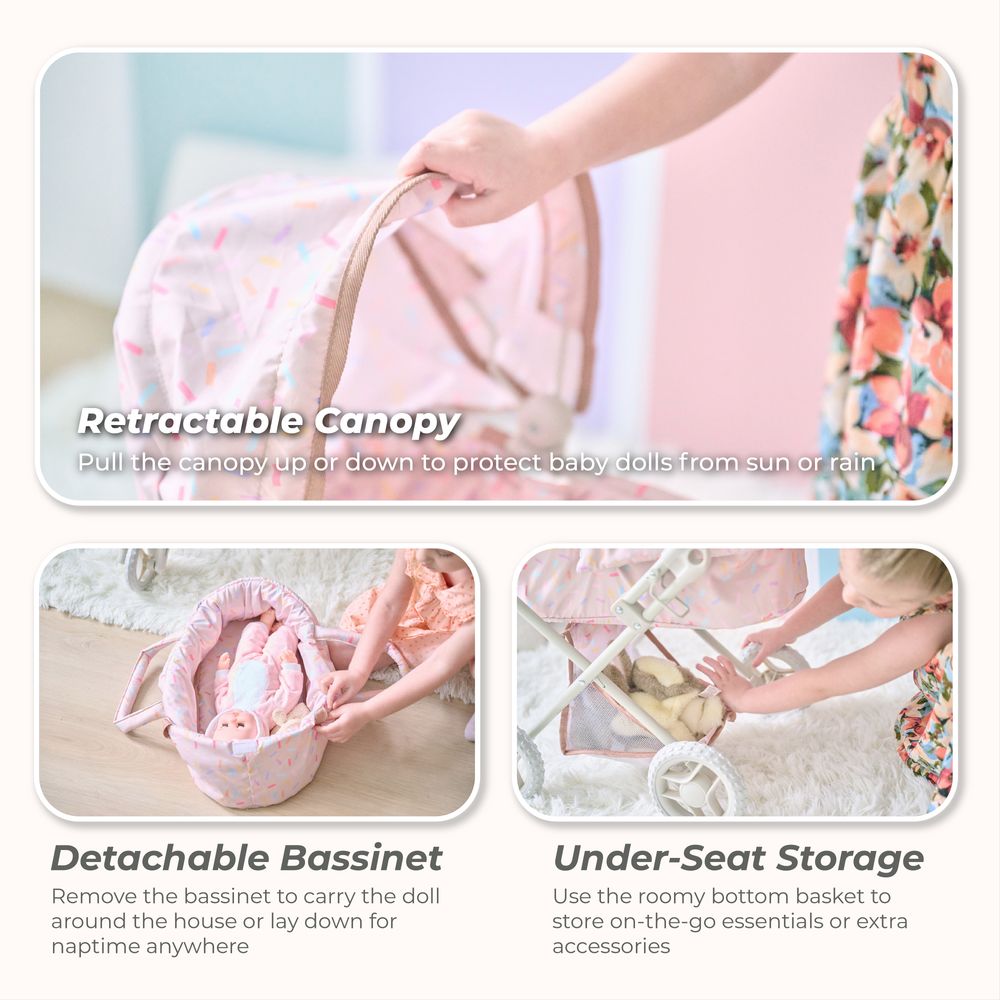 Teamson Kids - Olivia's Little World Confetti Doll Classic Stroller with Removable Bassinet - Dolls