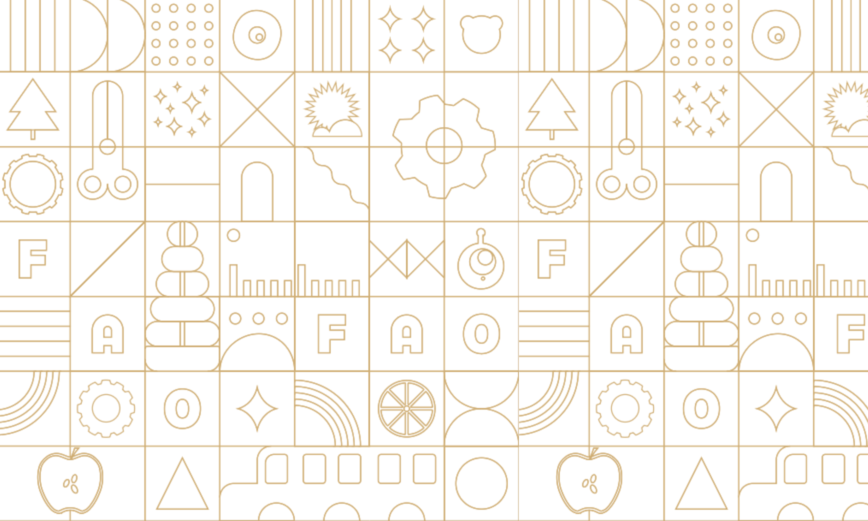 Pattern of various geometric shapes and symbols on a white background
