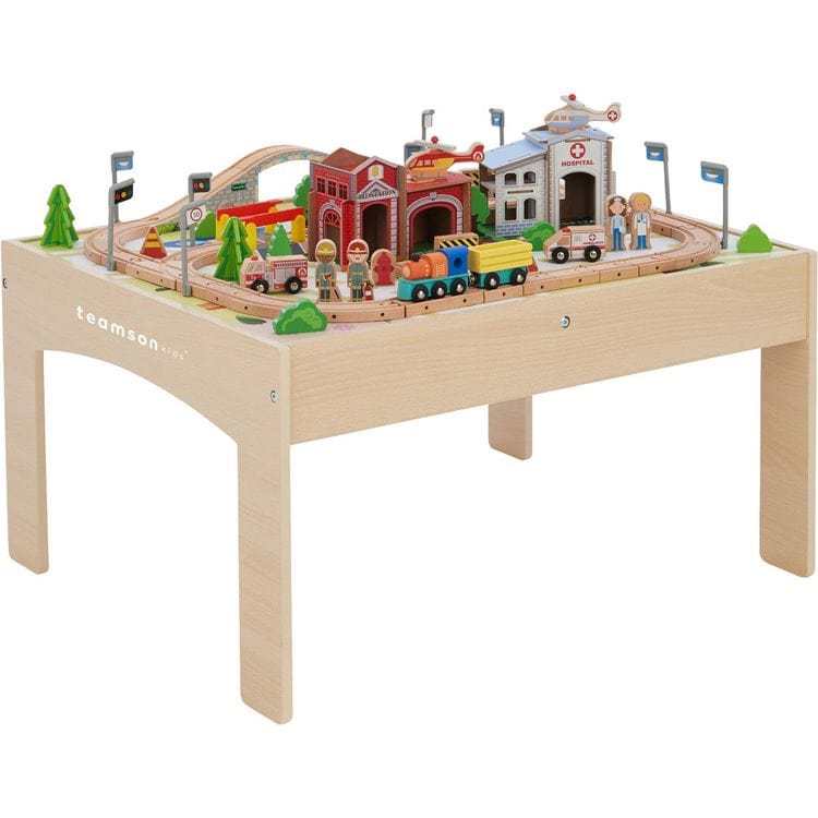 Teamson Kids - Preschool Play Lab Toys Table with 85-piece Train & Town Set - Preschool