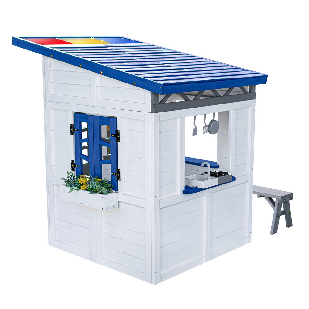 Teamson Kids - Rainbow Shade Wooden Playhouse with Kitchen, Flower Box & Bench - White - Outdoor