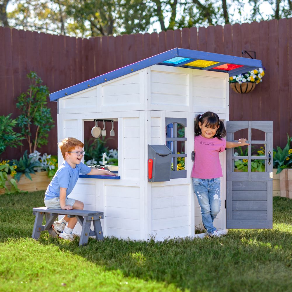Teamson Kids - Rainbow Shade Wooden Playhouse with Kitchen, Flower Box & Bench - White - Outdoor