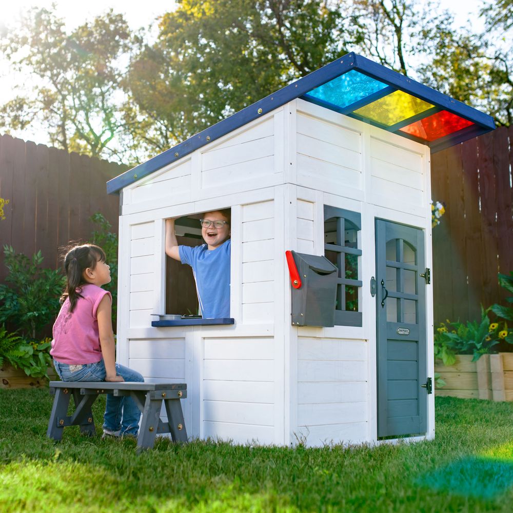 Teamson Kids - Rainbow Shade Wooden Playhouse with Kitchen, Flower Box & Bench - White - Outdoor