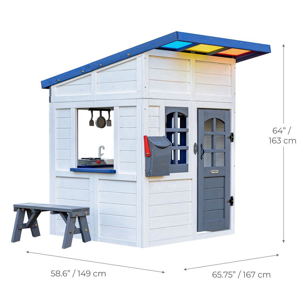 Teamson Kids - Rainbow Shade Wooden Playhouse with Kitchen, Flower Box & Bench - White - Outdoor