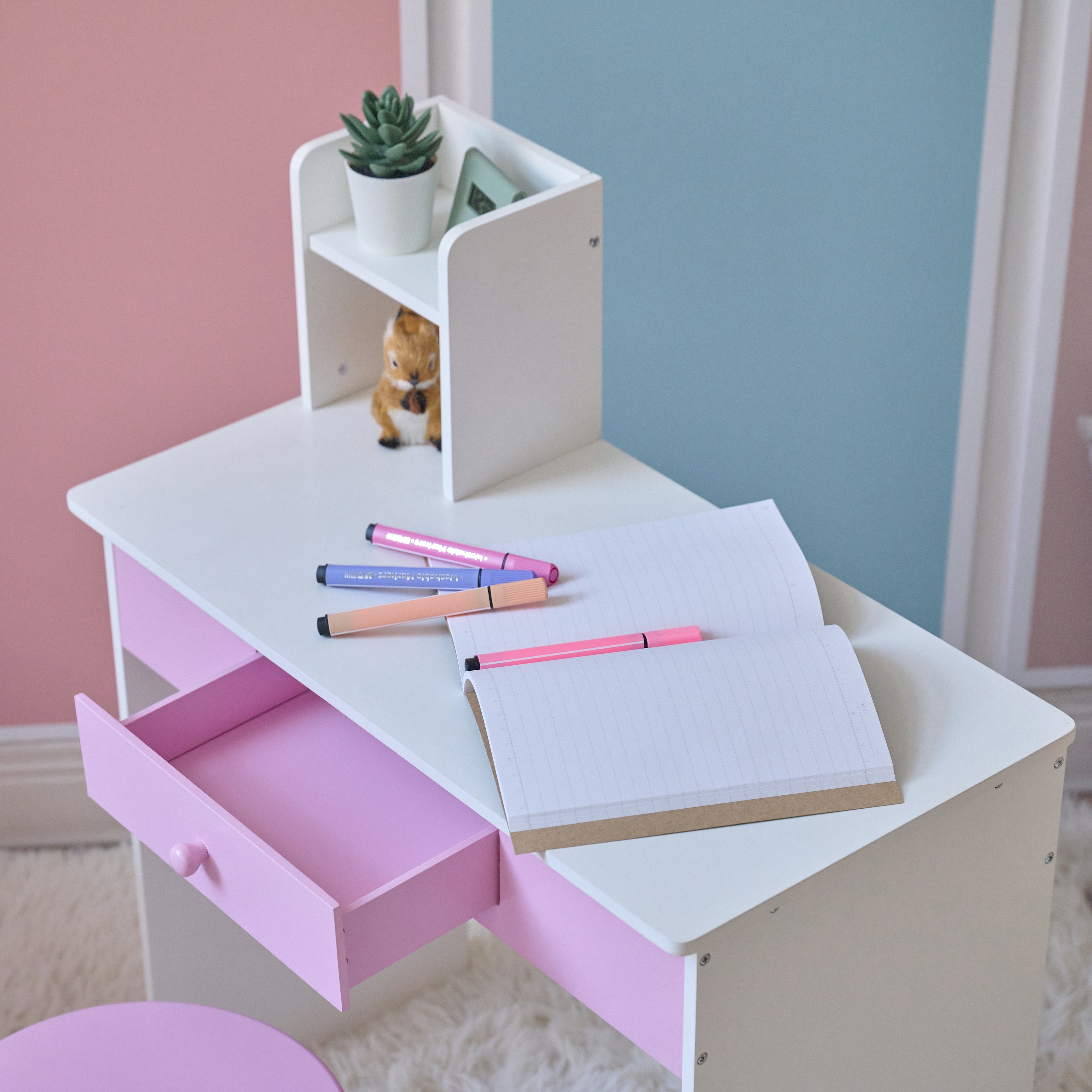 Teamson Kids - Rosé Shine Wood Vanity & Desk with LED Mirror & Stool - Pink/White - Room Decor
