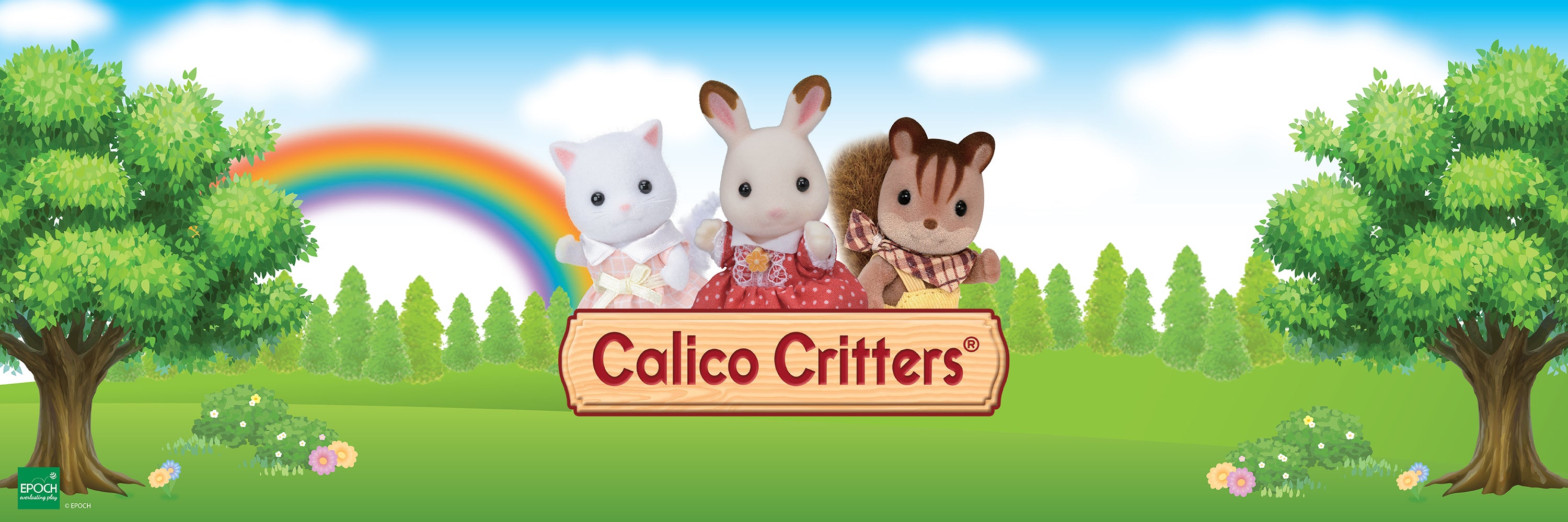 Calico Critters logo with toy animals in a grassy field with trees and a rainbow.