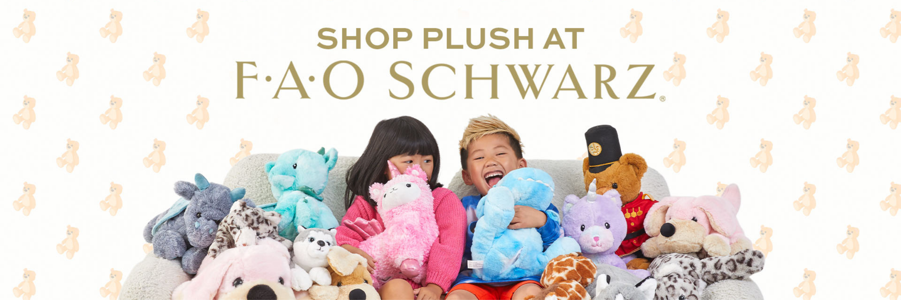 Children surrounded by plush toys with 'F.A.O. Schwarz' branding.