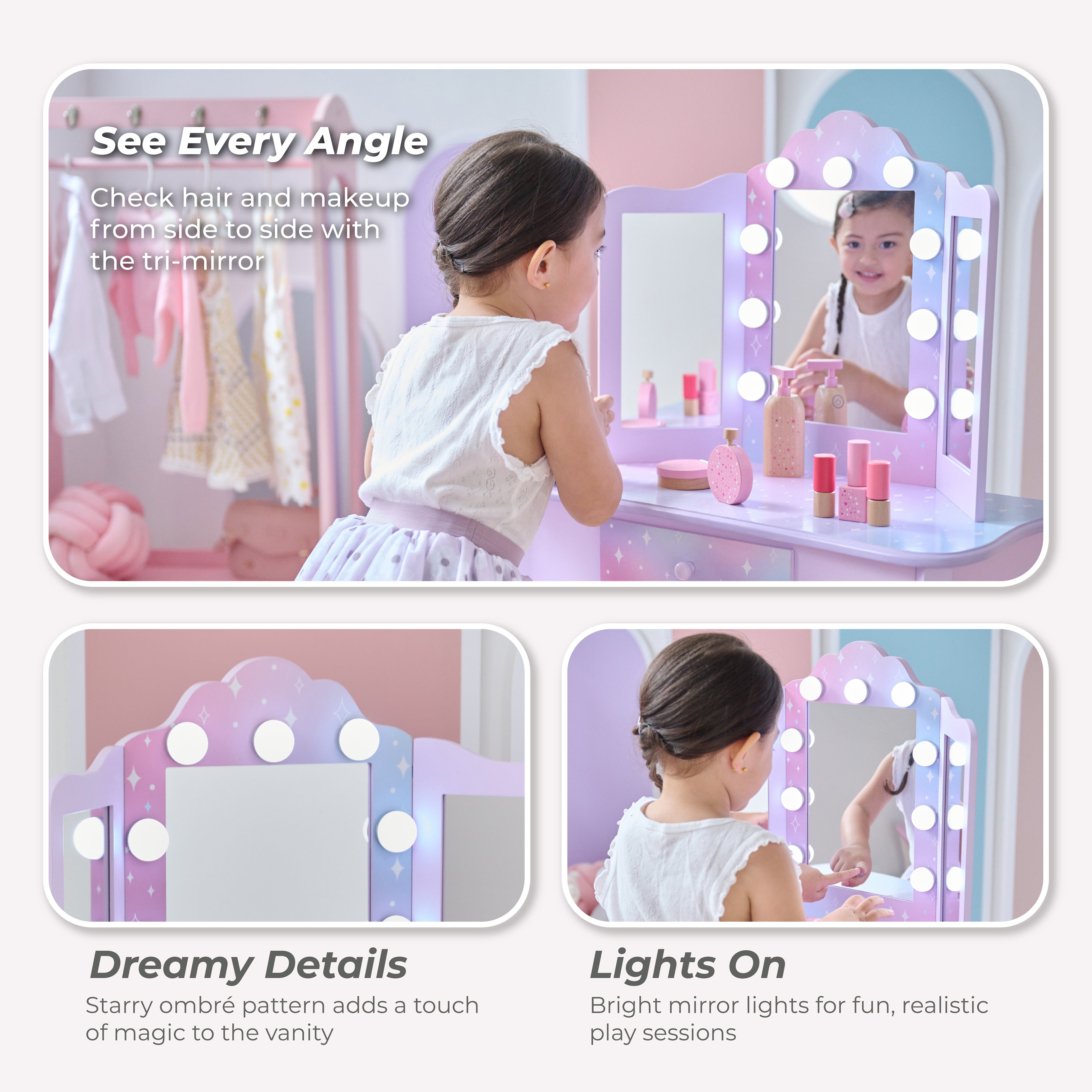 Teamson Kids - Stardust Gisele Wood Vanity Table with LED Mirror & Drawer - Purple - Room Decor