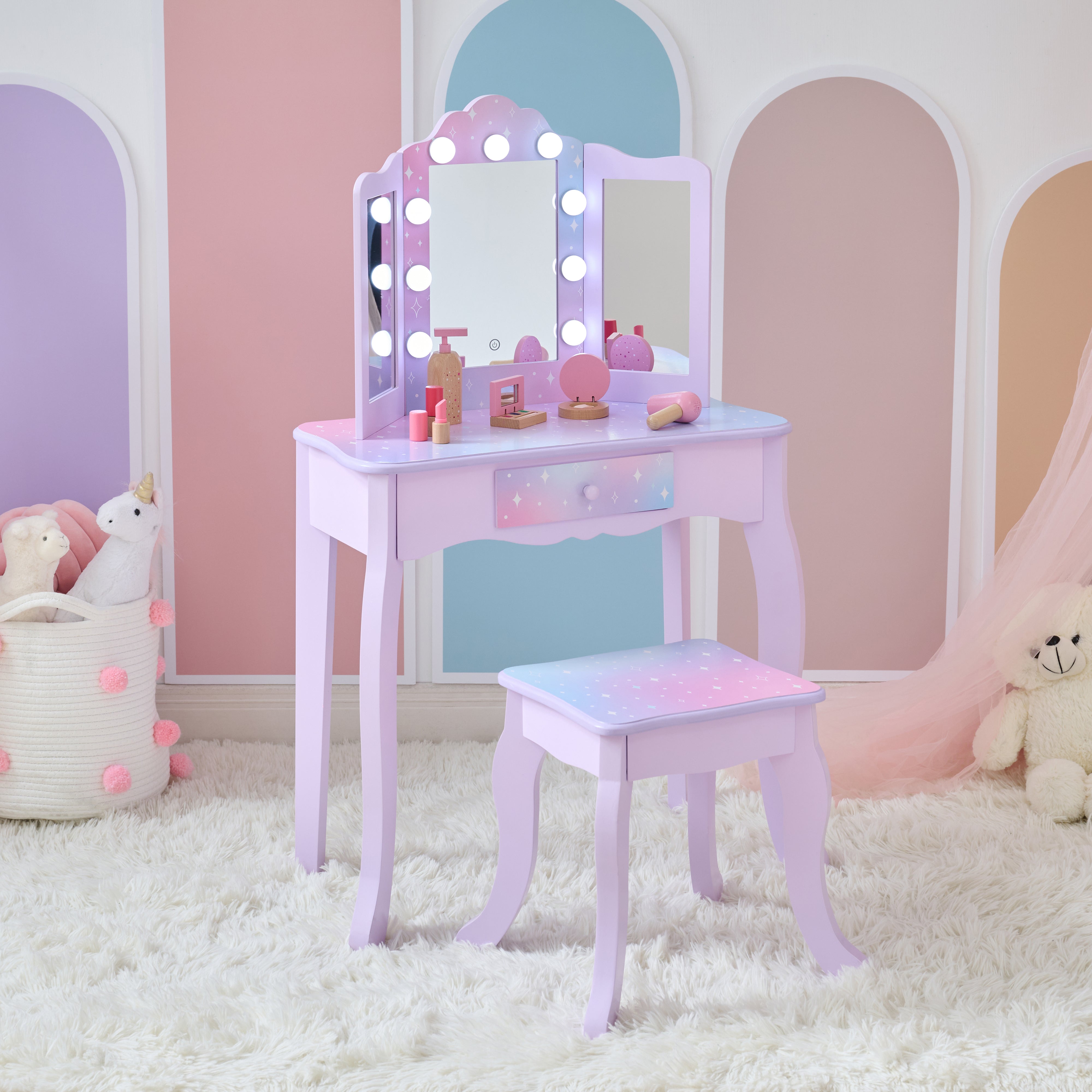 Teamson Kids - Stardust Gisele Wood Vanity Table with LED Mirror & Drawer - Purple - Room Decor