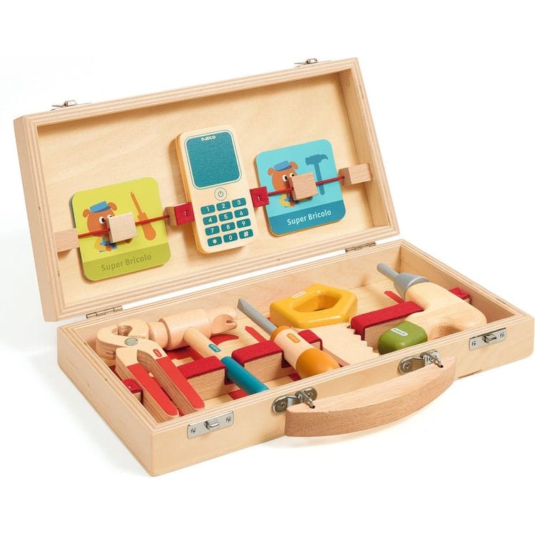 Djeco - Super Bricolo Pretend Play Wooden Toolbox - Preschool