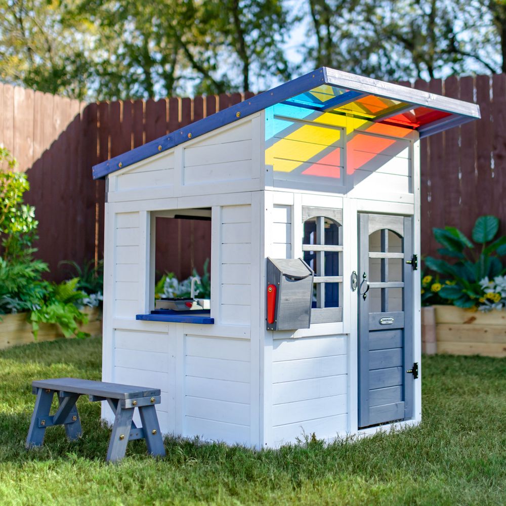 Rainbow Shade Wooden Playhouse with Kitchen, Flower Box & Bench - White