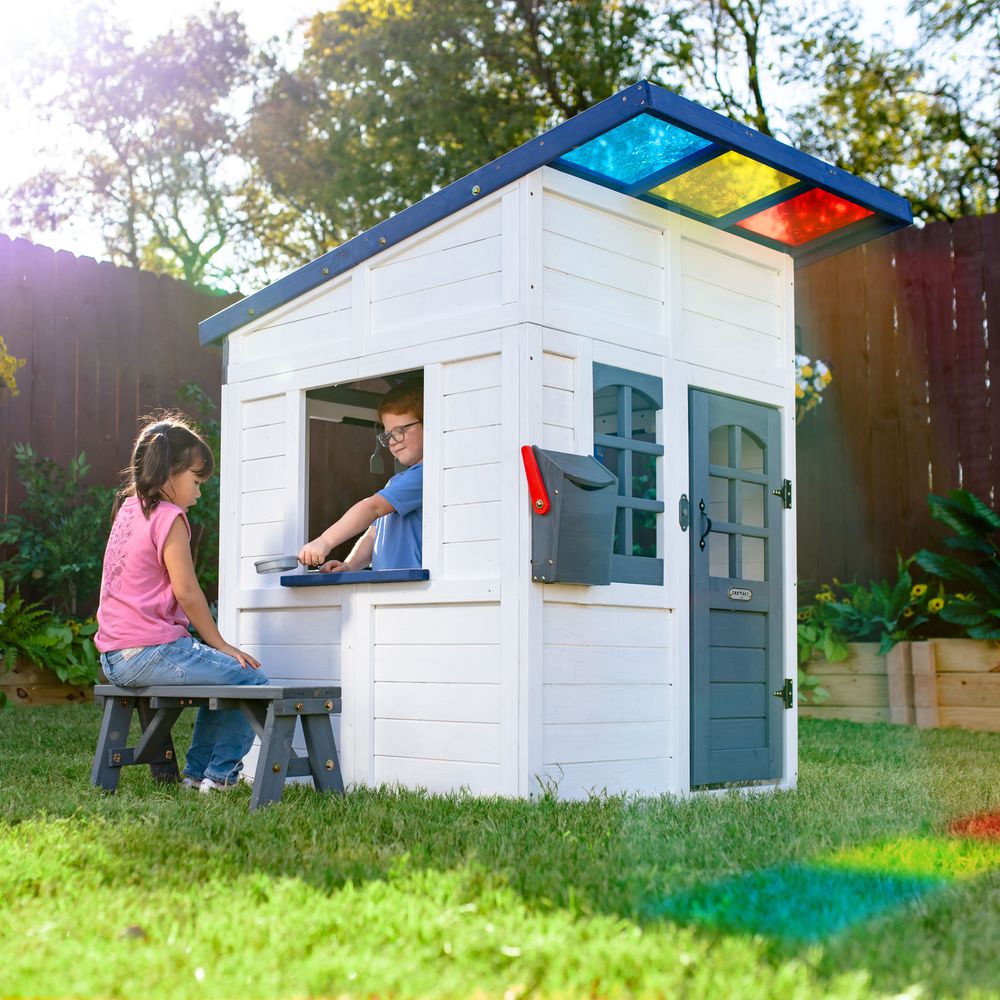Rainbow Shade Wooden Playhouse with Kitchen, Flower Box & Bench - White