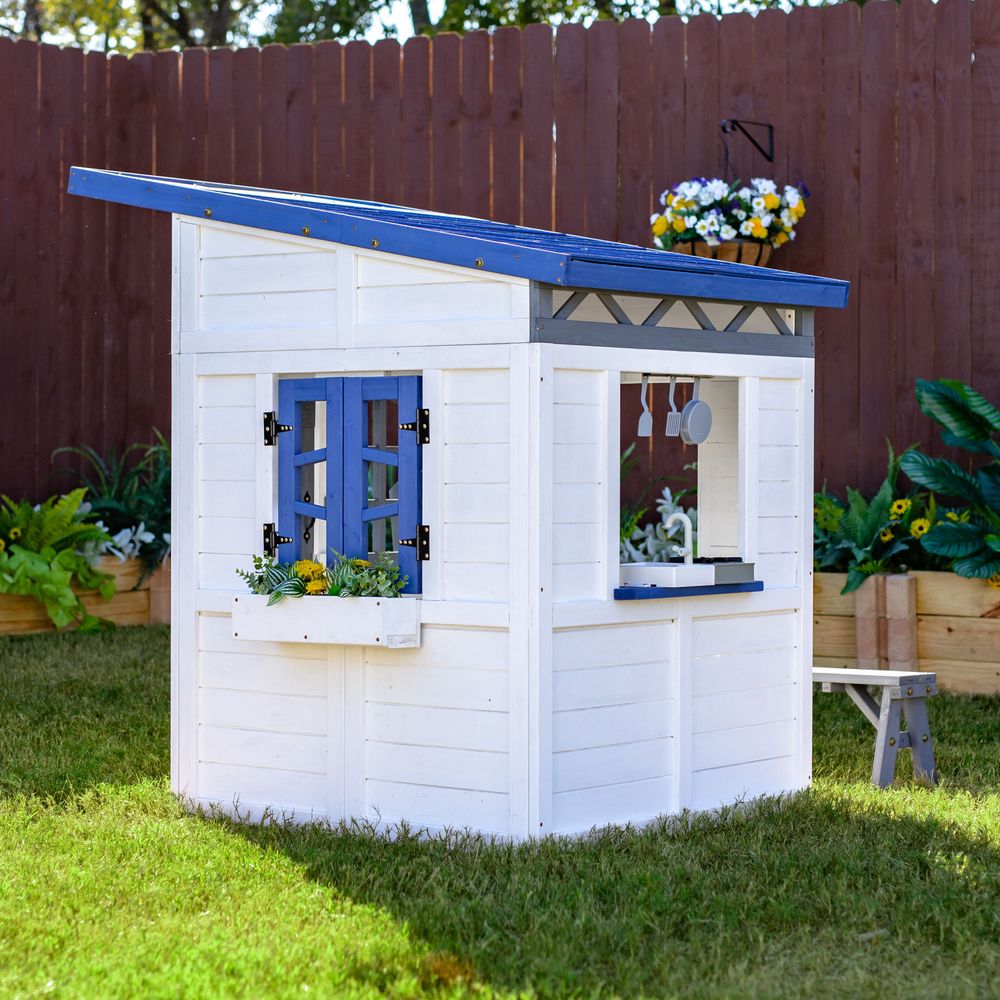 Rainbow Shade Wooden Playhouse with Kitchen, Flower Box & Bench - White