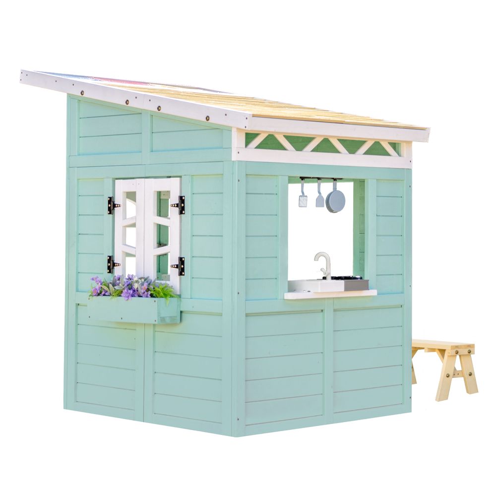 Rainbow Shade Wooden Playhouse with Kitchen, Flower Box & Bench - Blue