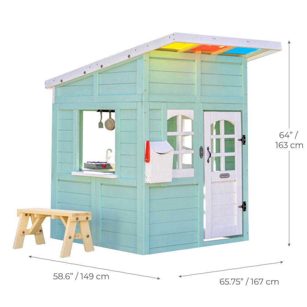 Rainbow Shade Wooden Playhouse with Kitchen, Flower Box & Bench - Blue