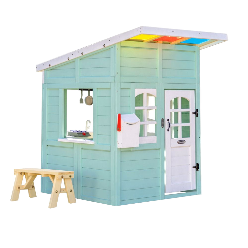 Rainbow Shade Wooden Playhouse with Kitchen, Flower Box & Bench - Blue