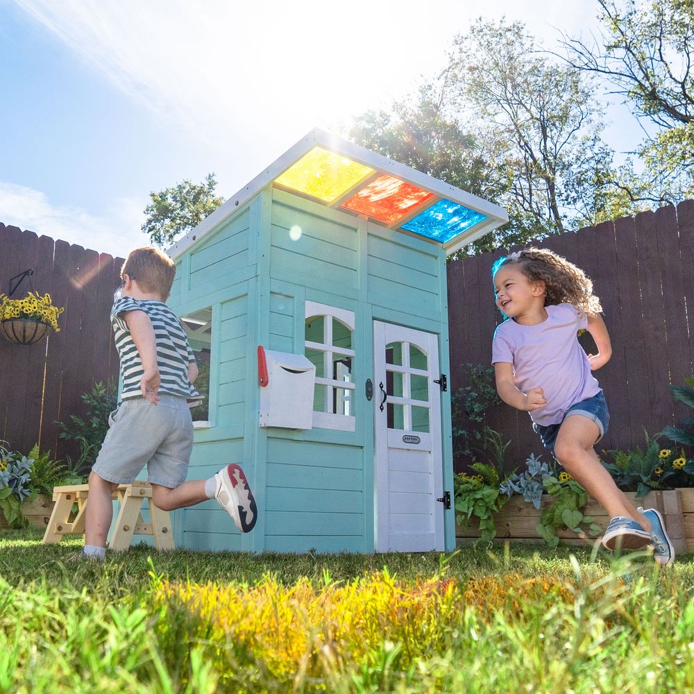 Rainbow Shade Wooden Playhouse with Kitchen, Flower Box & Bench - Blue