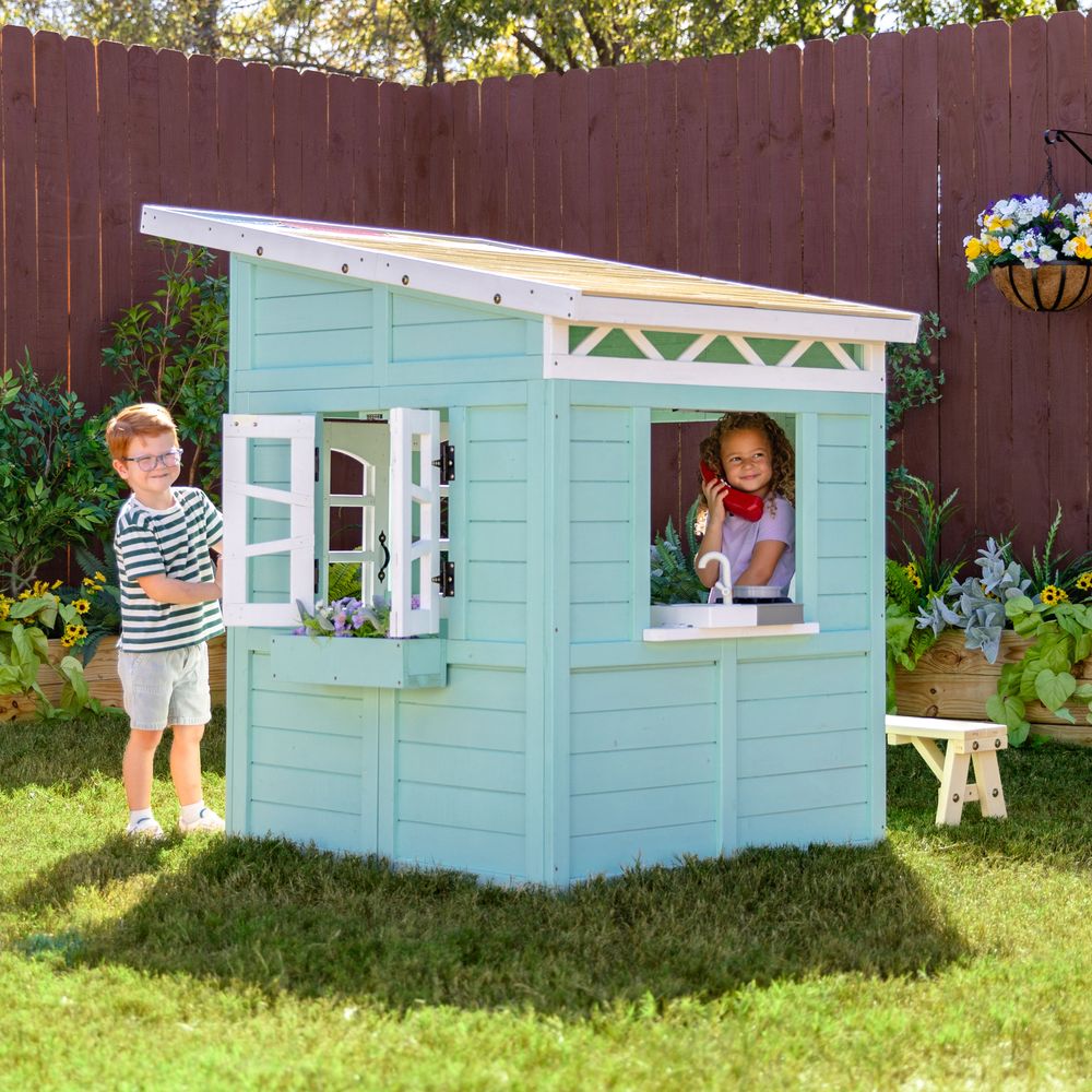 Rainbow Shade Wooden Playhouse with Kitchen, Flower Box & Bench - Blue