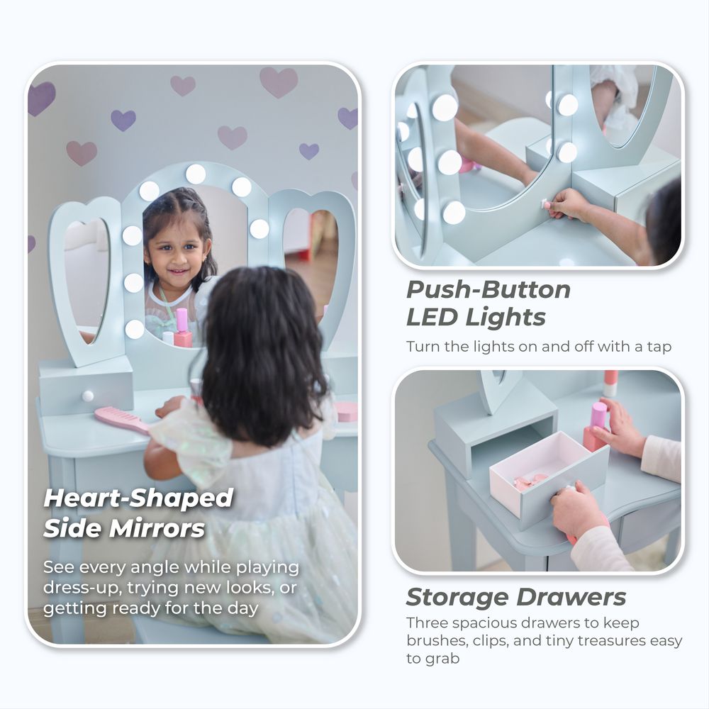 Heart Glow Wooden Vanity Set with LED Lights Mirror & Stool - Blue