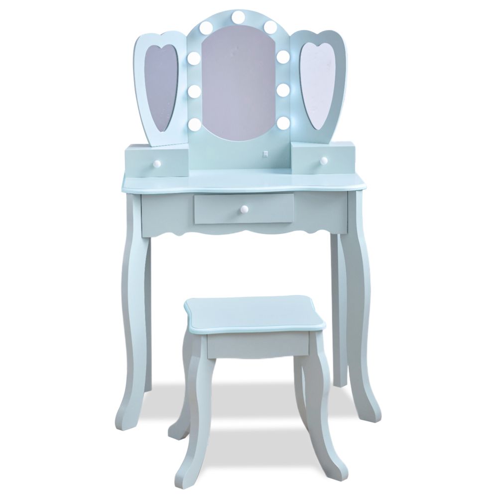Heart Glow Wooden Vanity Set with LED Lights Mirror & Stool - Blue
