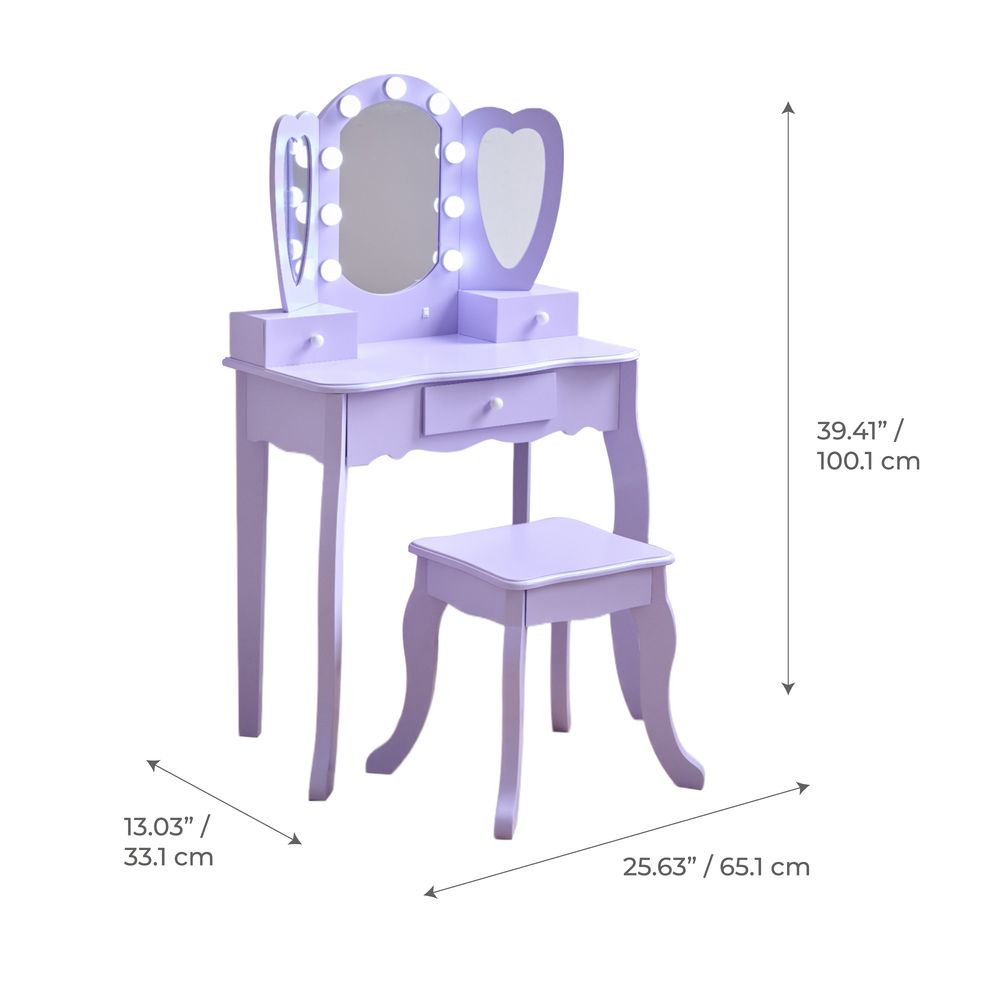 Heart Glow Wooden Vanity Set with LED Lights Mirror & Stool - Purple