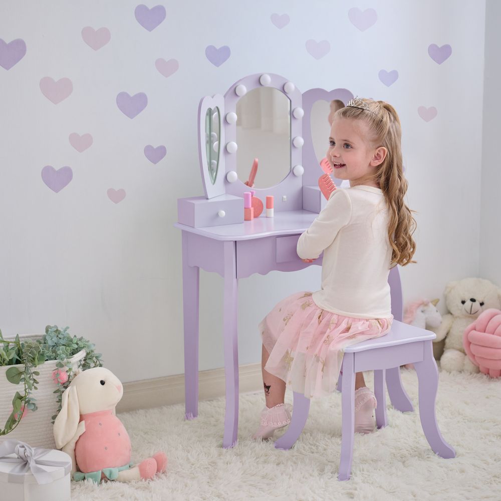 Heart Glow Wooden Vanity Set with LED Lights Mirror & Stool - Purple