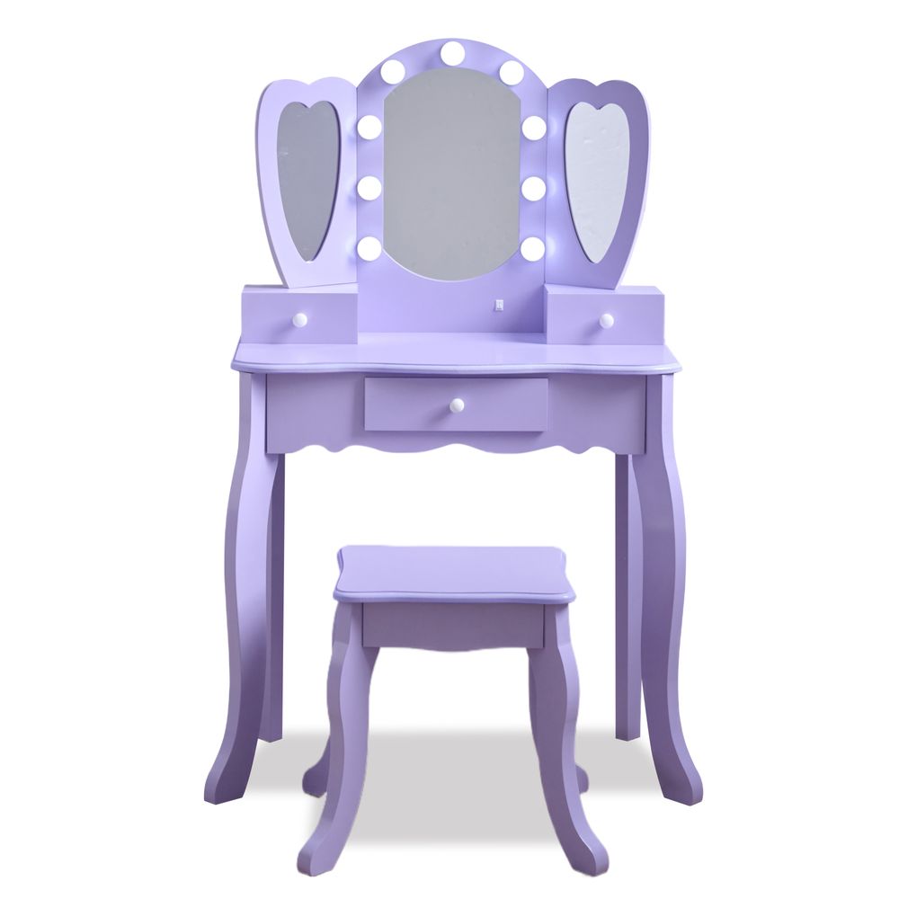 Heart Glow Wooden Vanity Set with LED Lights Mirror & Stool - Purple