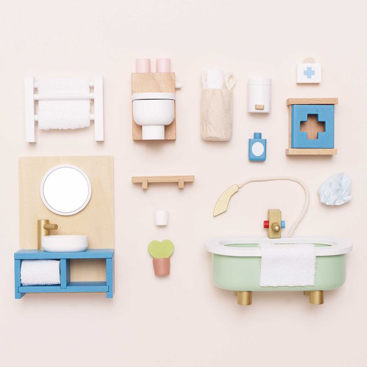 Le Toy Van - Wooden Dollhouse 19 Piece Bathroom Furniture Set - Dolls