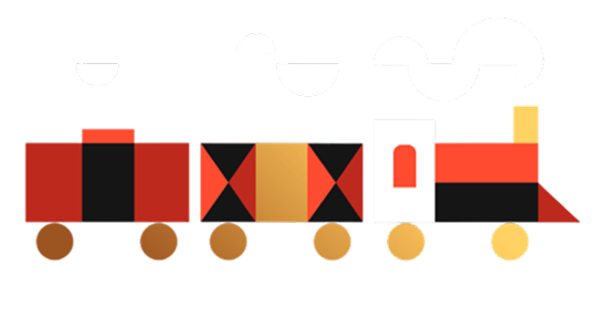 Colorful train toy with geometric design on a white background