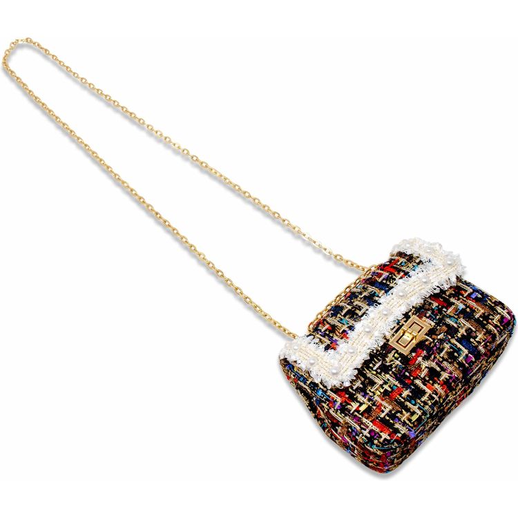 Zomi Gem Trend Accessories Classic Tweed Handbag with Pearls - Black