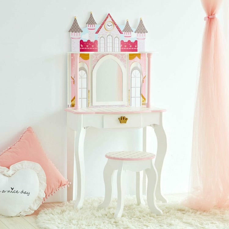 Teamson Kids - Dreamland Castle Play Vanity Set - White / Pink - Room Decor