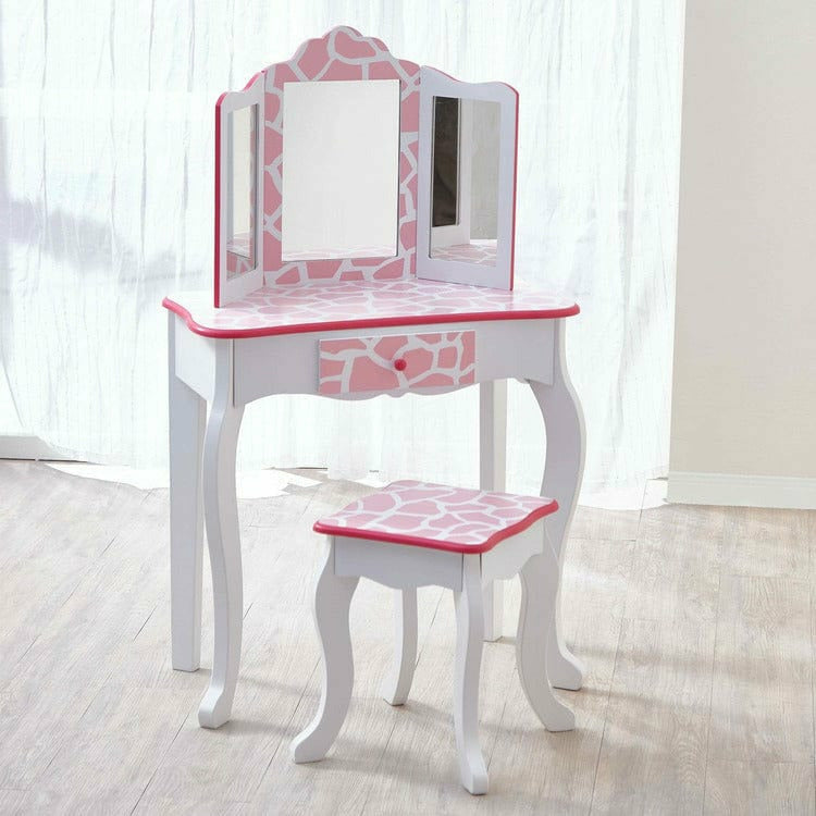 Teamson Kids - Fashion Giraffe Prints Gisele Play Vanity Set - Pink / White - Room Decor