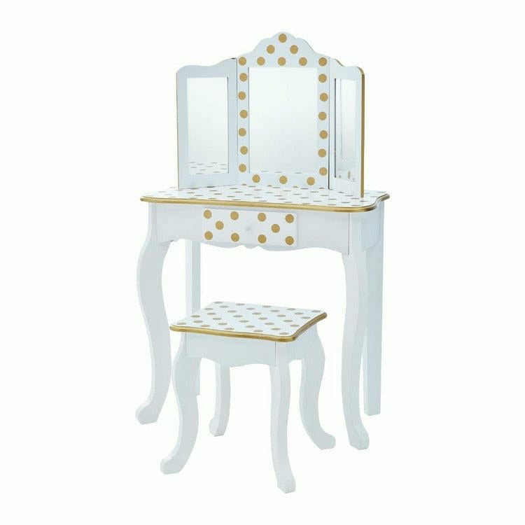 Teamson Kids - Polka Dot Gisele Play Vanity Set - White/Gold - Room Decor