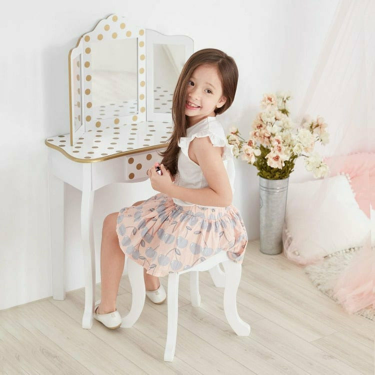 Teamson Kids - Polka Dot Gisele Play Vanity Set - White/Gold - Room Decor