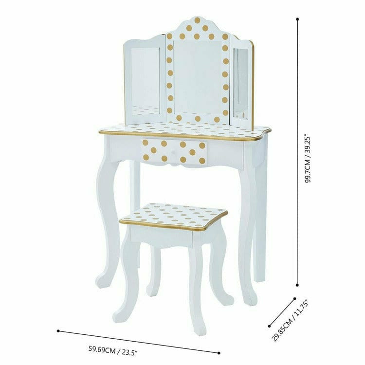 Teamson Kids - Polka Dot Gisele Play Vanity Set - White/Gold - Room Decor
