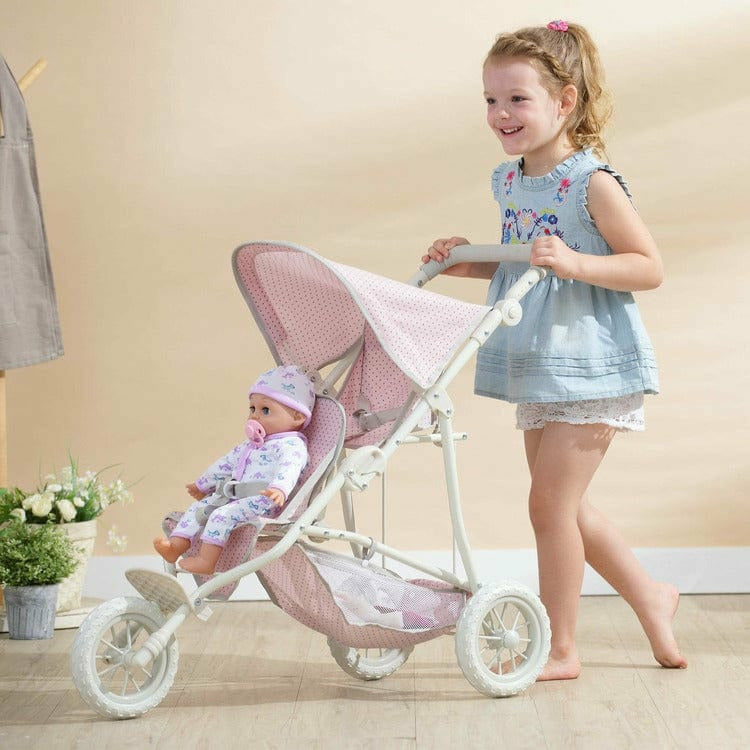 Teamson Kids Dolls Olivia's Little World - Polka Dots Princess Baby Doll Twin Jogging Stroller - Pink & Grey