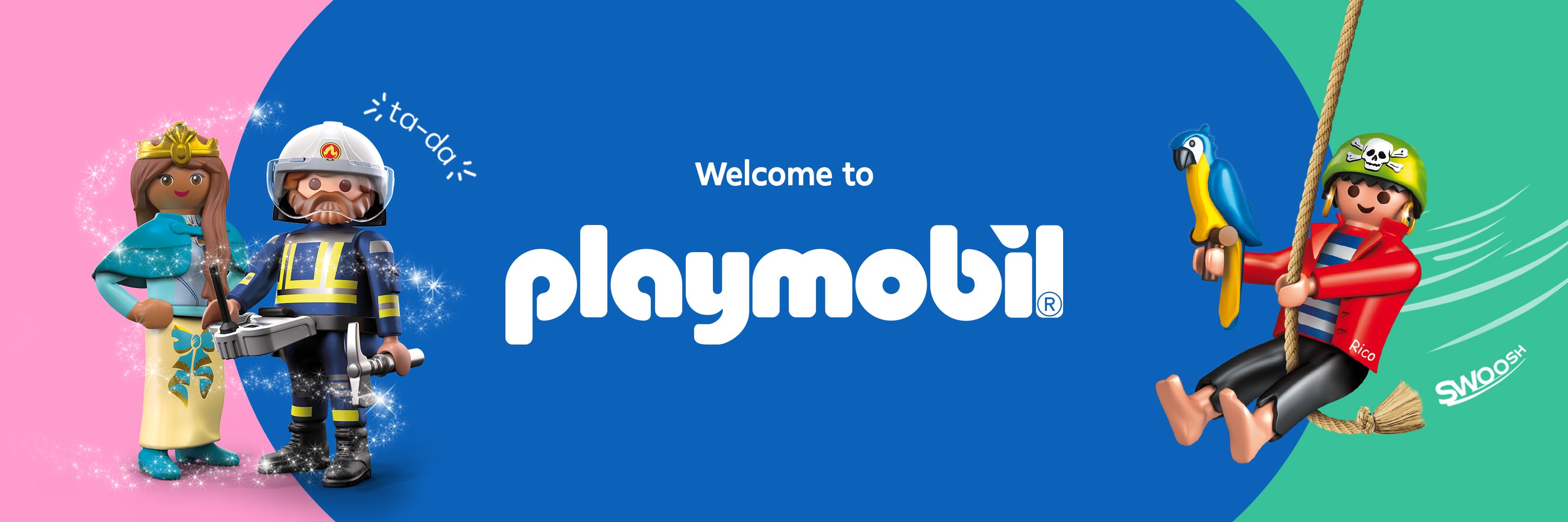 Playmobil branding with characters on a colorful background