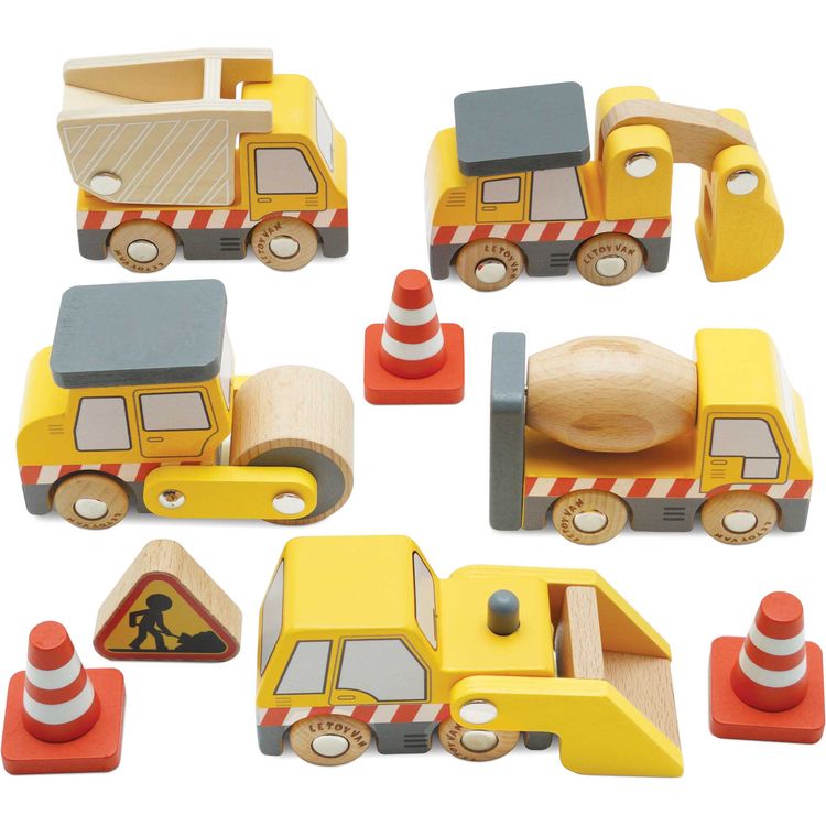  Le Toy Van -  7 Piece Wood Construction Toy Cars, Trucks & Diggers Set -  Preschool