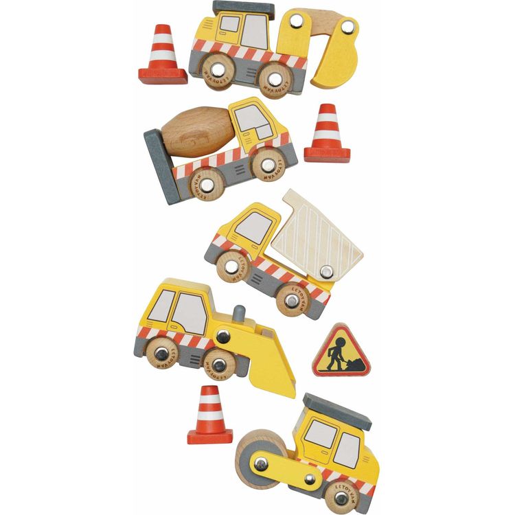  Le Toy Van -  7 Piece Wood Construction Toy Cars, Trucks & Diggers Set -  Preschool