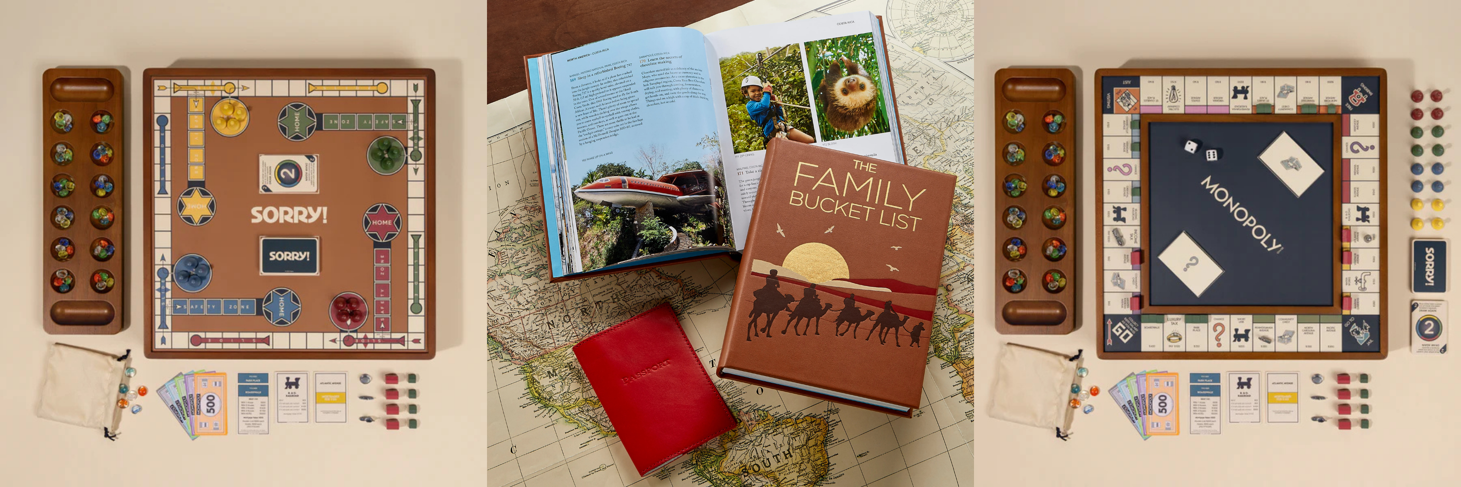 Collection of board games and travel books on a map background