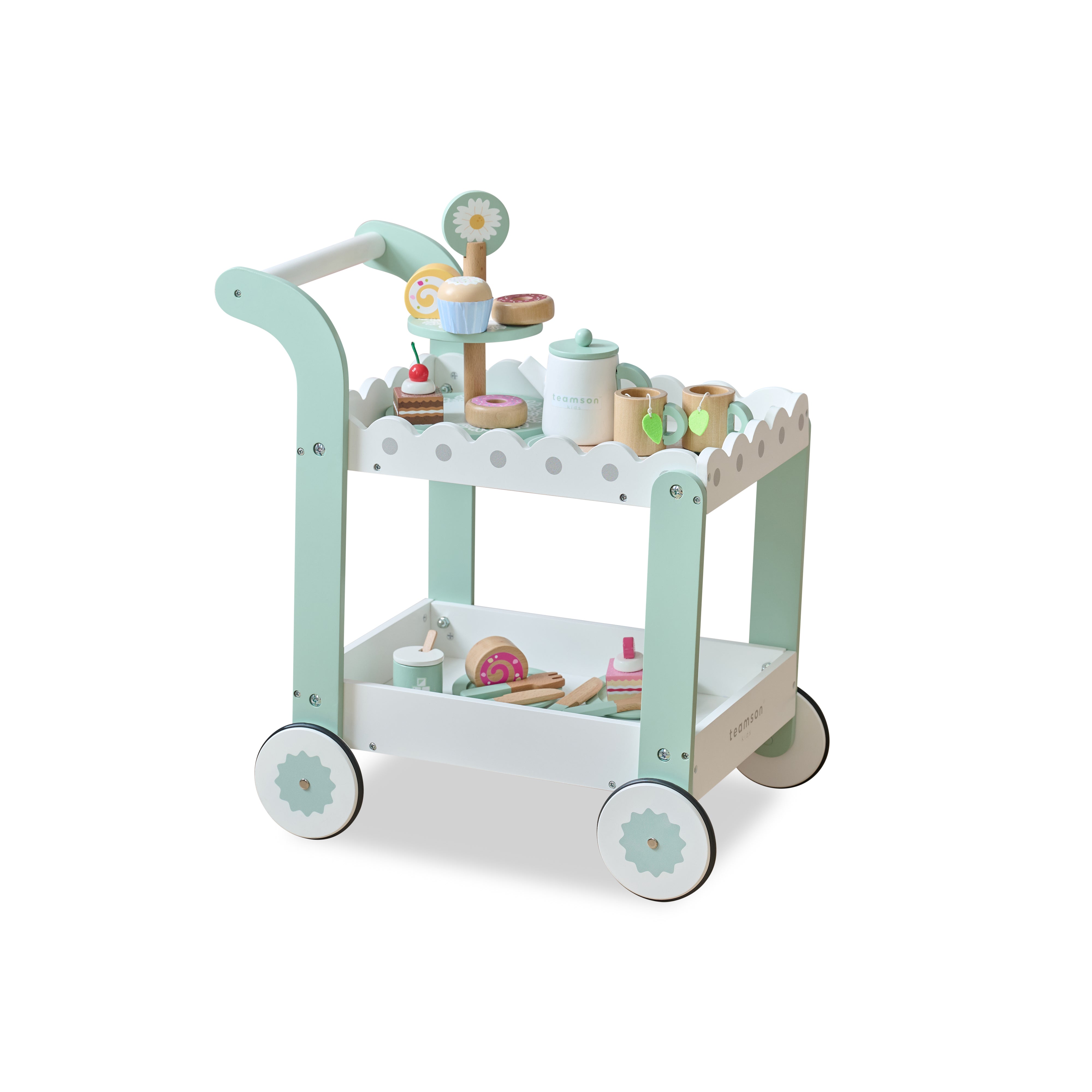  Teamson Kids -  Afternoon Sip Wood Dessert Cart with 21 Pieces & Rotatable Wheels -  Preschool