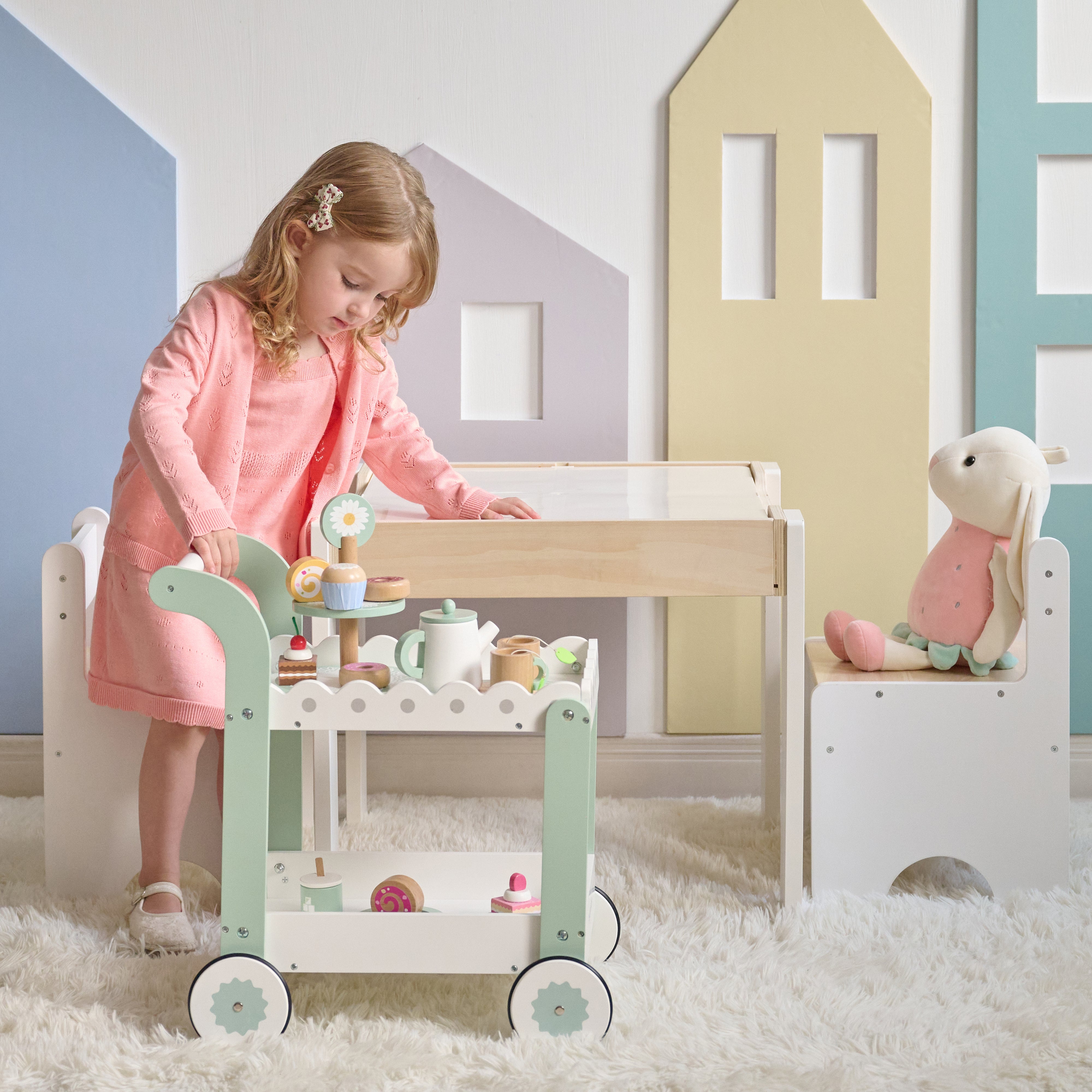  Teamson Kids -  Afternoon Sip Wood Dessert Cart with 21 Pieces & Rotatable Wheels -  Preschool
