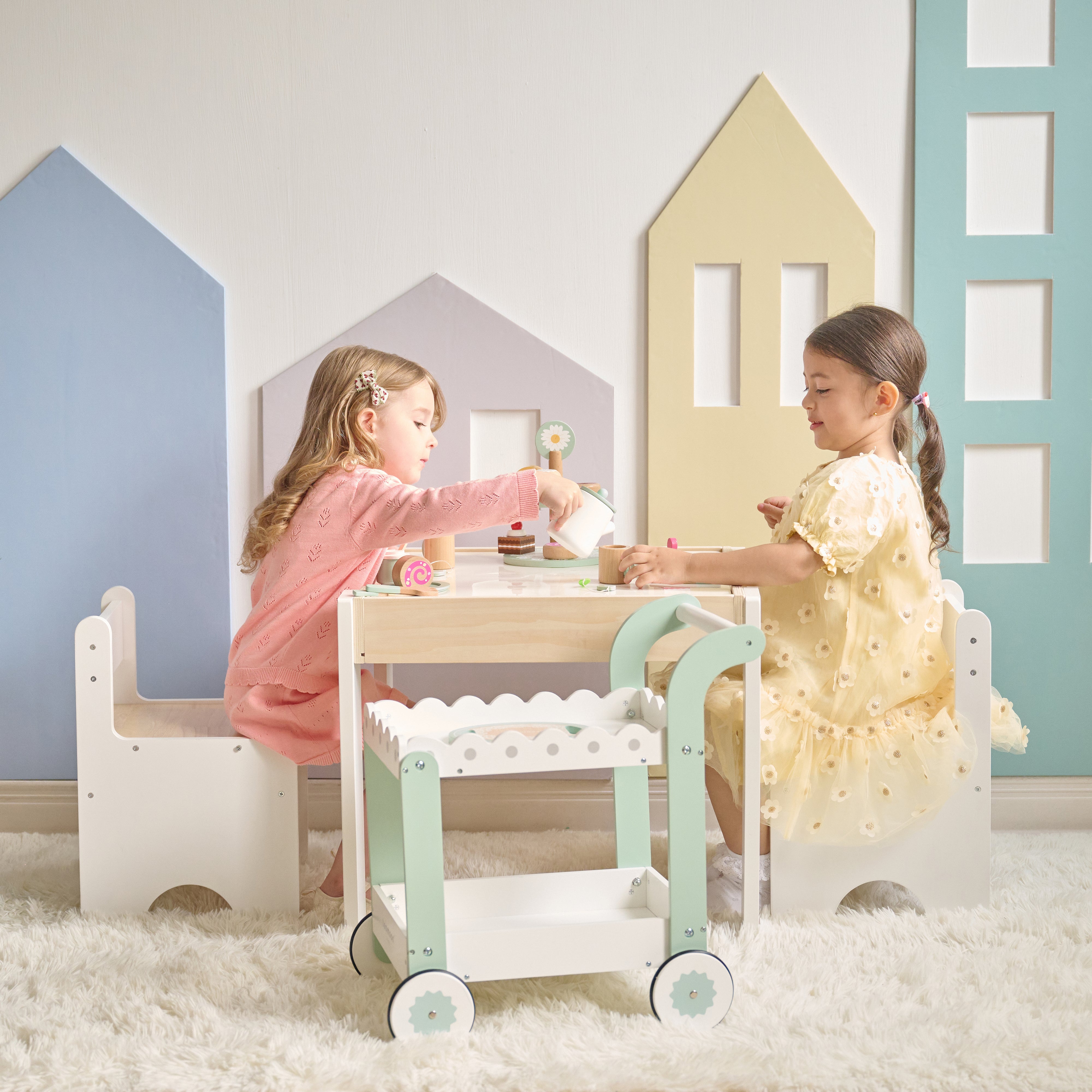  Teamson Kids -  Afternoon Sip Wood Dessert Cart with 21 Pieces & Rotatable Wheels -  Preschool