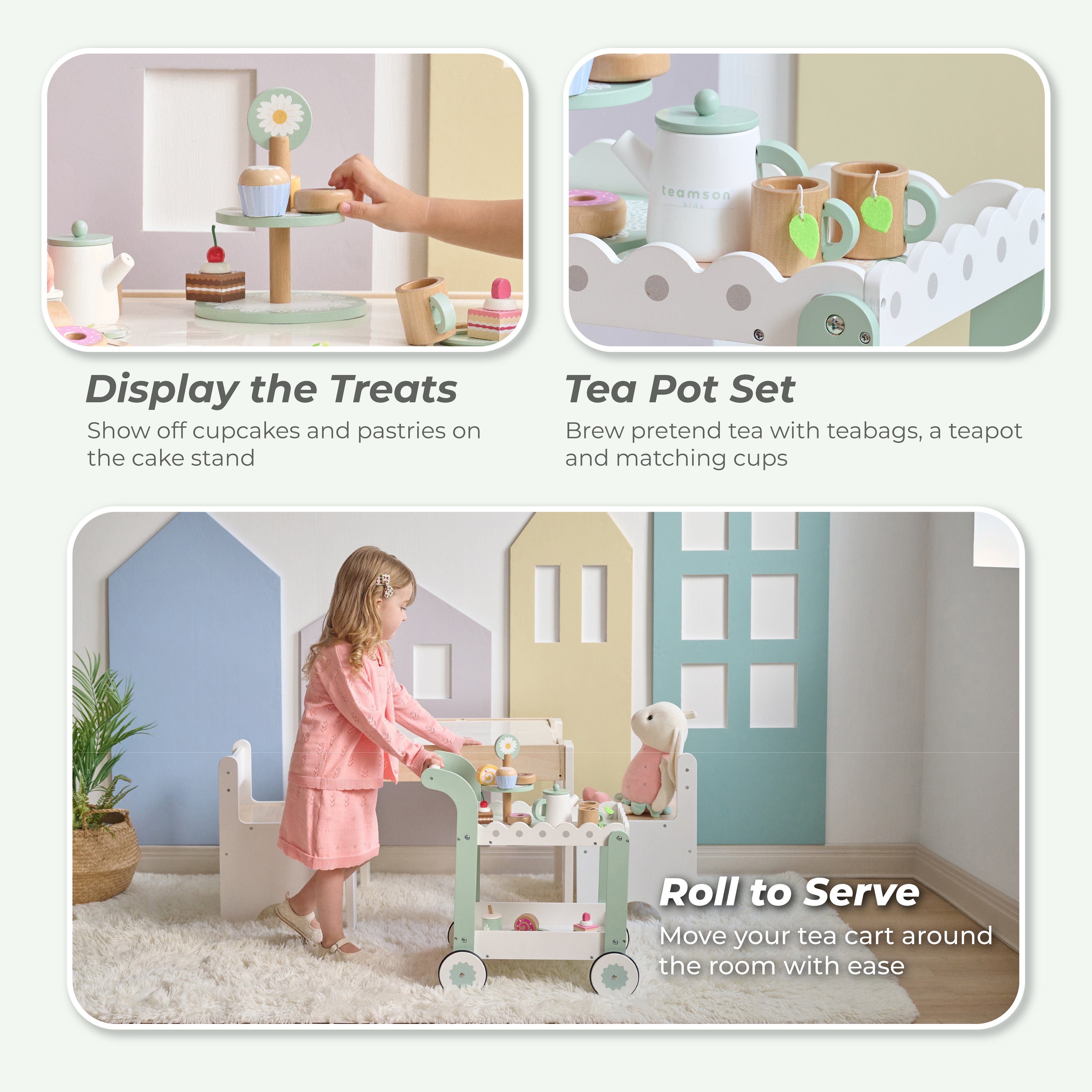  Teamson Kids -  Afternoon Sip Wood Dessert Cart with 21 Pieces & Rotatable Wheels -  Preschool
